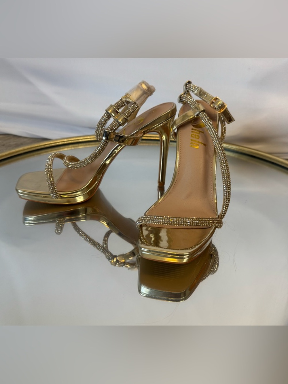 SHEIN Gold Rhinestone Stiletto Sandals Strappy Silhouette Sleek Line Buckle